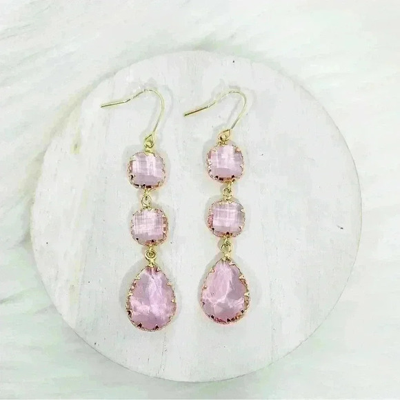 Crystal Pink Dangling Bezel Earrings - Picture 1 of 6